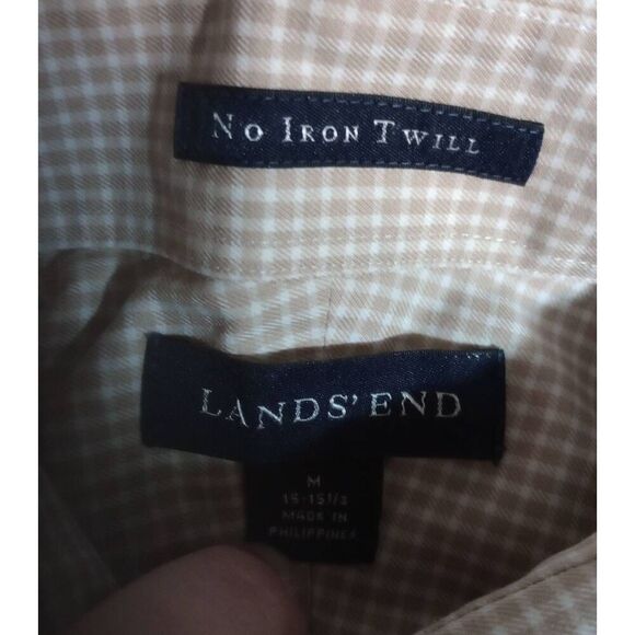 Land's End Shirt Men's Medium Tan White Button Front Long Sleeve Easy Care - Picture 6 of 8